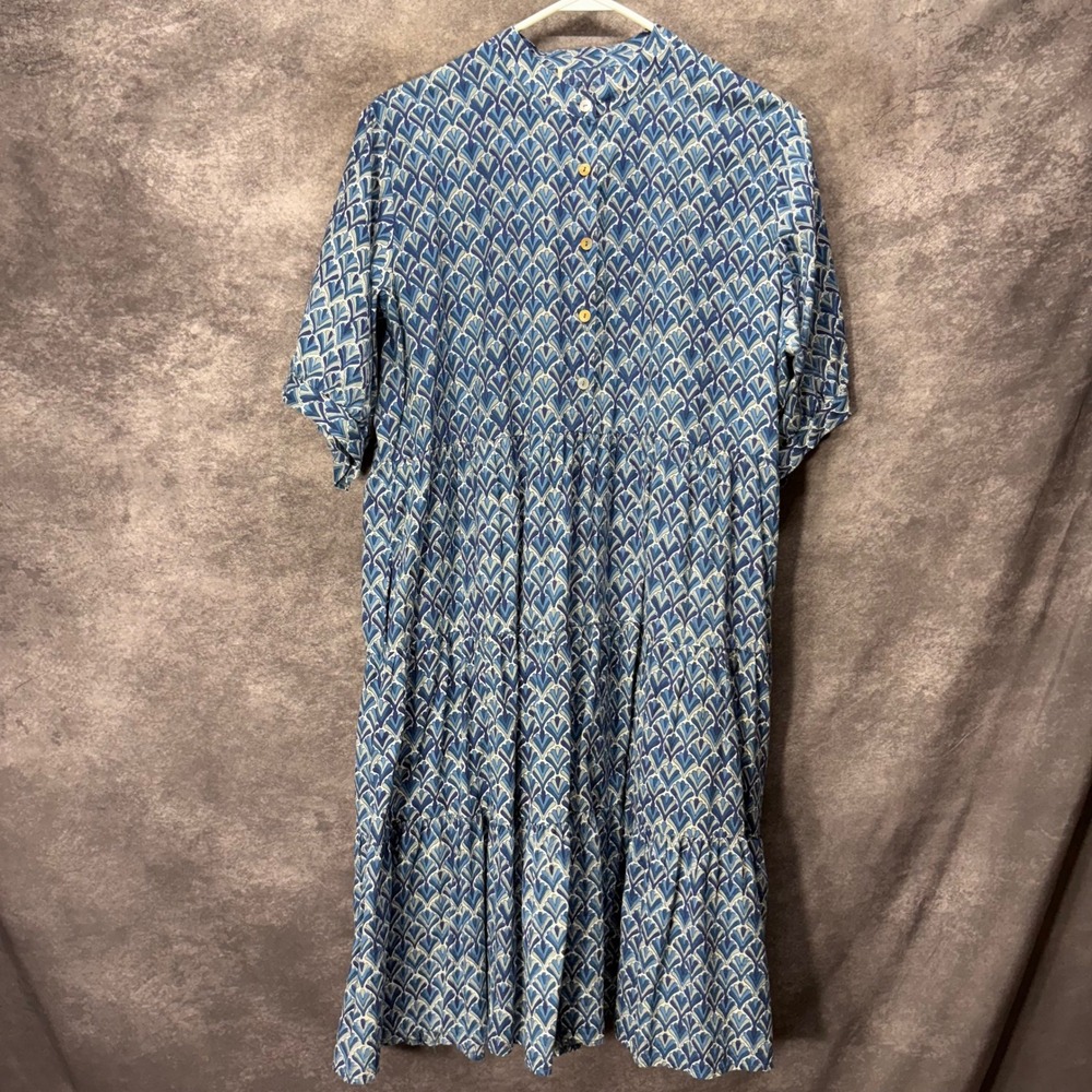 Becasa Fan Block Print Tiered Midi Dress One Size Large Blue Indian Cotton